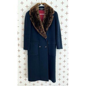 Vintage Harvè Bernard Long Navy Wool Coat with Brown Faux Fur Collar